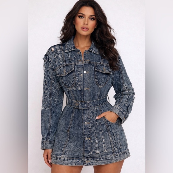 Ma Cherie Jackets & Blazers - Ma Cherie Denim Distressed Jean Jacket With Belt Mid Length Size Large